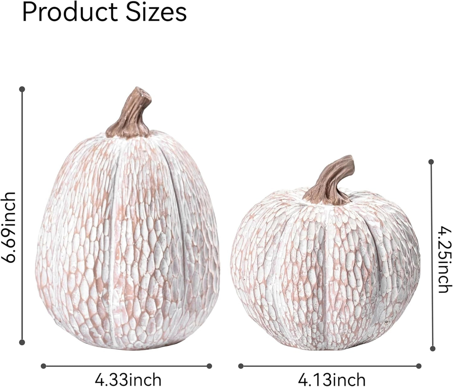 Artificial Pumpkin Decor, Brown and White Decorative Pumpkins, Thanksgiving Resin Pumpkins Figurine Set of 2, Carved Pumpkin Statues for Rustic Fall Tabletop Home Decor, Harvest, Wedding