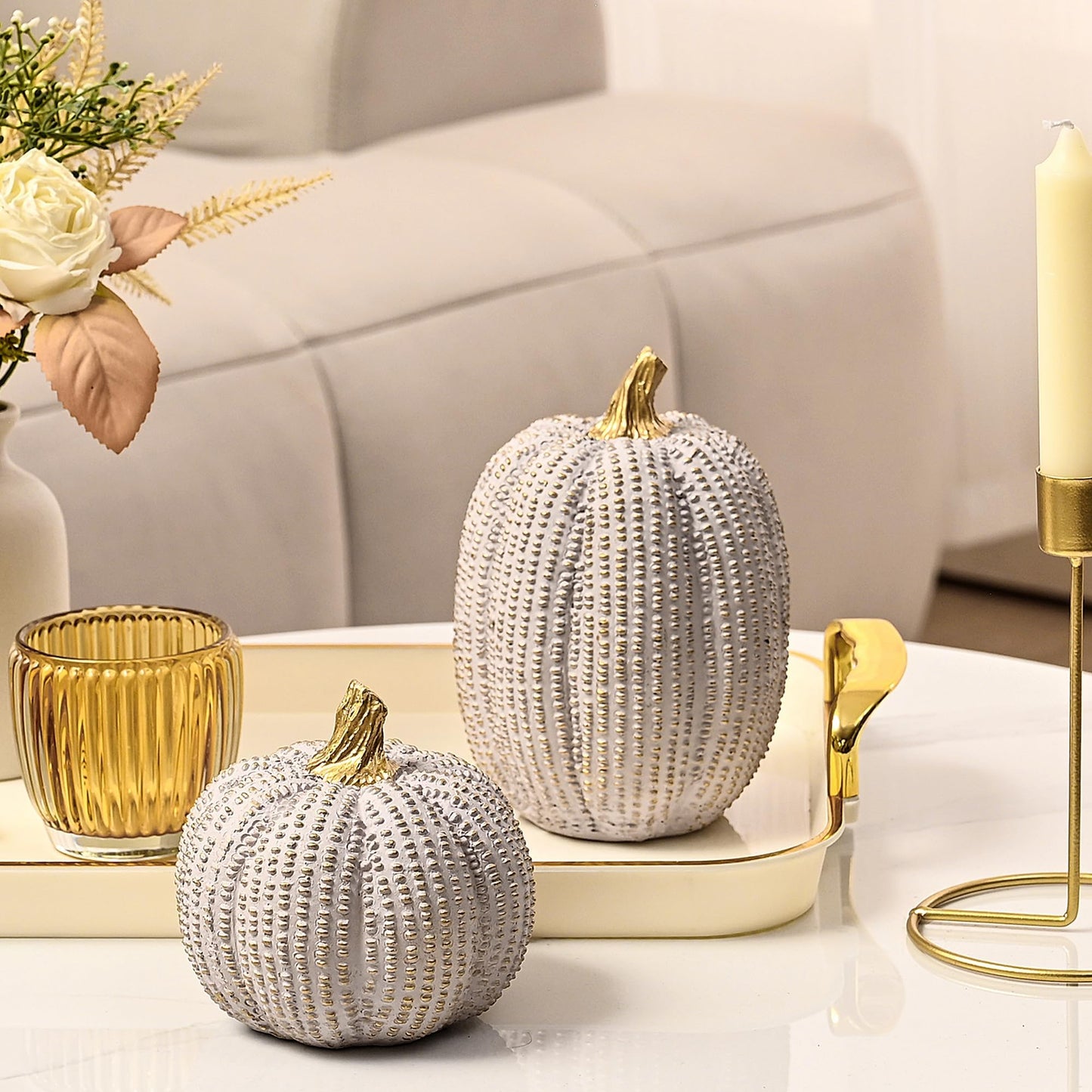 Artificial Pumpkin Decor, Brown and White Decorative Pumpkins, Thanksgiving Resin Pumpkins Figurine Set of 2, Carved Pumpkin Statues for Rustic Fall Tabletop Home Decor, Harvest, Wedding
