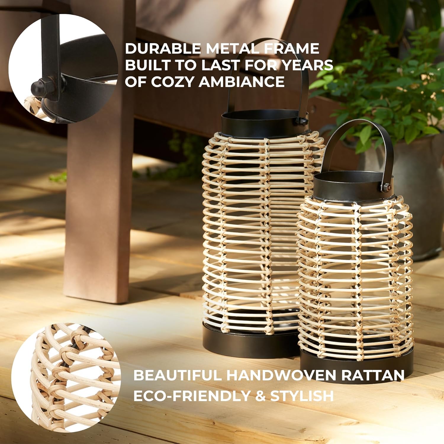Natural Rattan Boho Lanterns - Handcrafted Chic Decor to Enhance Your Home - Modern Farmhouse Beauty Perfect for Any Living Room, Patio & Porch, Indoor and Outdoor Coffee Table or Kitchen Dining Table
