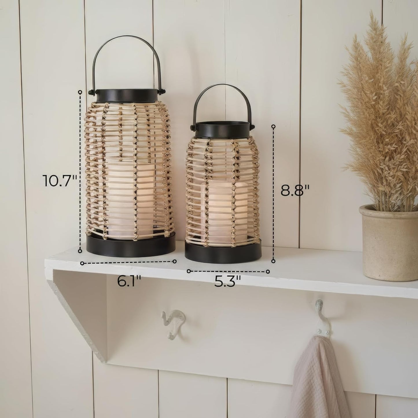 Natural Rattan Boho Lanterns - Handcrafted Chic Decor to Enhance Your Home - Modern Farmhouse Beauty Perfect for Any Living Room, Patio & Porch, Indoor and Outdoor Coffee Table or Kitchen Dining Table